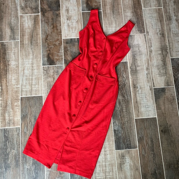 red button down midi dress